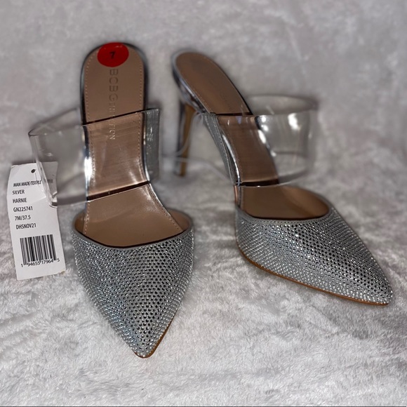 STUNNING BLING BCBG SILVER GLITTER WITH CLEAR RHINESTONES HIGH HEEL SHOES NWOT - Picture 3 of 16